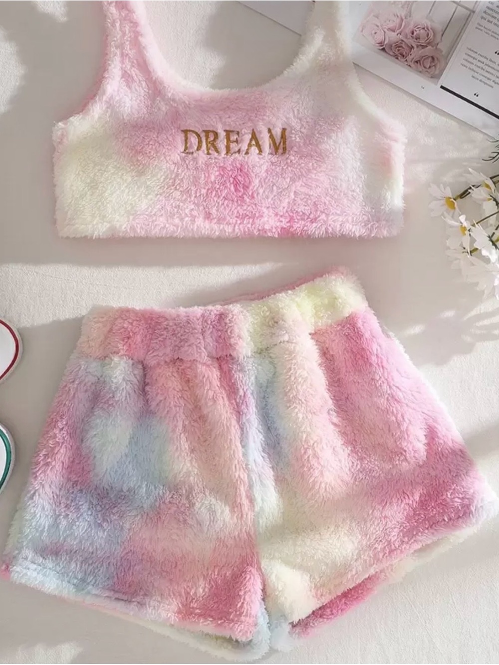 Dream Fuzzy Tie-Dye Crop Tank & Shorts Set - Pastel Pink